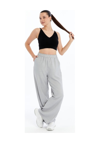 Genius Store Kadın Pantolon Keten Karışımlı Beli Lastikli Kırışmaz Kumaş Pantolon Keten-pantolon Gri