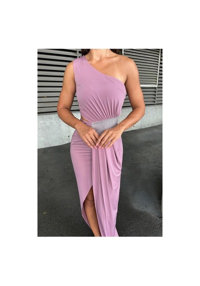 Lior Design Kadın Trend Model Sandy Kumaş Tek Omuz Balık Kesim Abiye Elbise Gülkurusu