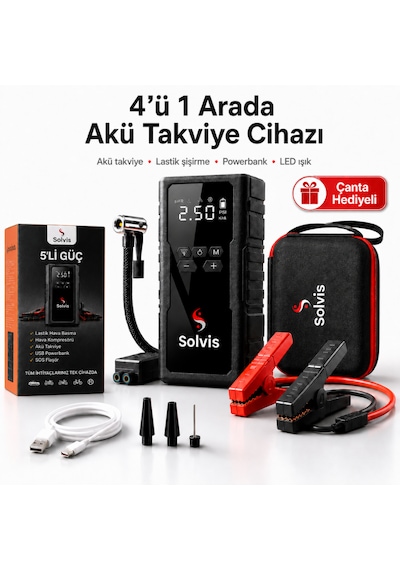 Solvis 4'ü 1 Arada 12v Akıllı Akü Takviye Cihazı, Lastik Şişirme, Powerbank Ve Led Aydınlatma Çanta Hediyeli