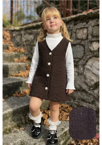 Kız Çocuk Bayramlık Düğmeli Tüvit Yelekli 2 Li Takım 12542 Kahverengi