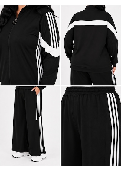 Darkwin Büyük Beden Battal Dik Yaka Fermuarlı Kontrast Şeritli Viskon Geniş Paça Pantolonlu Kadın Alt Üst Takım Siyah Darkwin Büyük Beden Battal Dik Yaka Fermuarlı Kontrast Şeritli Viskon Geniş Paça Pantolonlu Kadın Alt Üst Takım Siyah