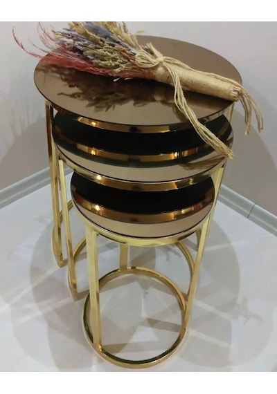 Faymend 3'lü Gold Zigon Sehpa Bronz Aynali Bronz Aynali