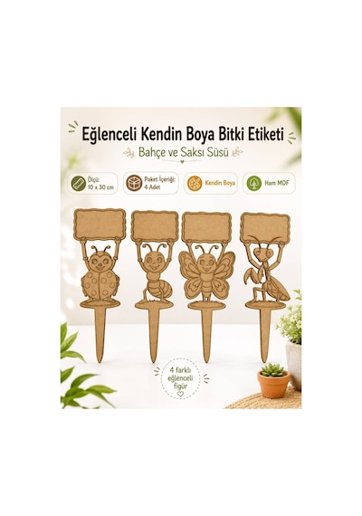 Arliadesign Kendin Boya Ahşap Bitki Etiketi 4 Lü 10x30 Cm Eğlenceli Böcek Figürlü Bahçe Ve Saksı Süsü, Ham Mdf