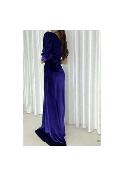 Euro Class Kadın Şık Kadife Kumaş Tek Omuz Kemerli Maxi Abiye Elbise Mor