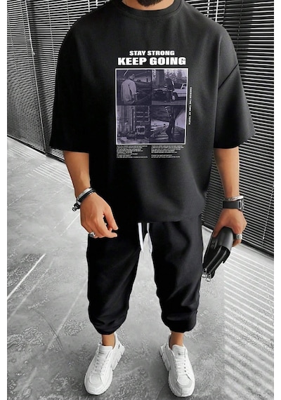 Uyguntarz Unisex Keep Going 2'li Eşofman Takımı Siyah