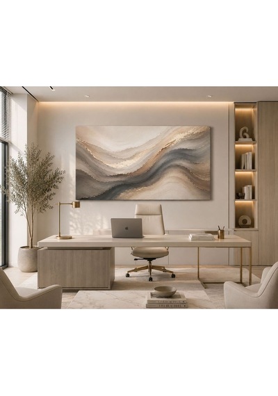 Lüx Bej Antrasit Soyut Dalga Kanvas Tablo Modern Minimalist Dokulu Görünümlü Büyük Boy Salon Yemek Odası Ofis Duvar Dekoru