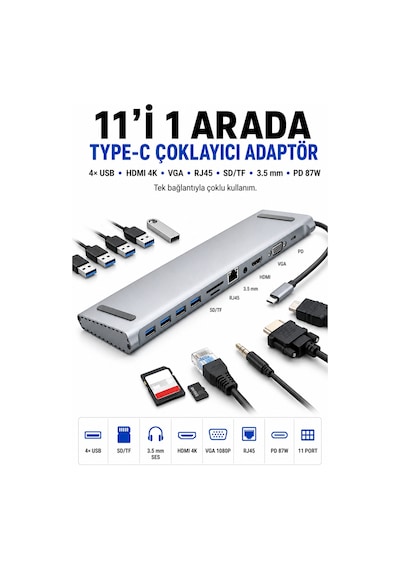 11in1 Çoklayıcı Type-c 3.1 To 4k Hdmi Vga Usb-c Ethernet Usb Çoklayıcı Sd Kart Okuyucu Çevirici Hub
