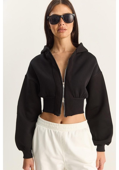 Shade Kadın Fermuarlı Kapüşonlu Belden Oturmalı Esnek Örme Crop Sweatshirt 60283858 - Siyah