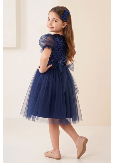 Mnk Baby & Kids Balon Kol Pul Payet Kız Çocuk Tütü Elbise M00751 Lacivert