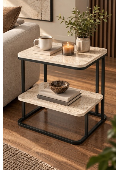 Sulorahome Ekru Traverten Desenli 2 Katlı Yan Sehpa 55 Cm