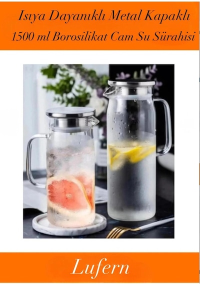 Özel Üretim 1500 Ml Borosilikat Cam Su Sürahisi Metal Kapaklı Ve Isıya Dayanıklı Çay Meyve Suyu