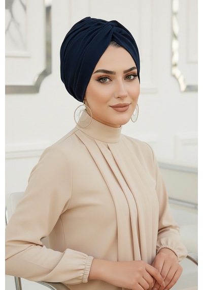 Aişe Tesettür Koyu Lacivert Hazır Burgu Düğüm Bone
