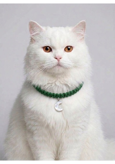 Yeşil El Örgüsü Makrome Kedi Tasması 27 Cm - Ay Figürlü Charm Şık Kedi Boyun Tasması