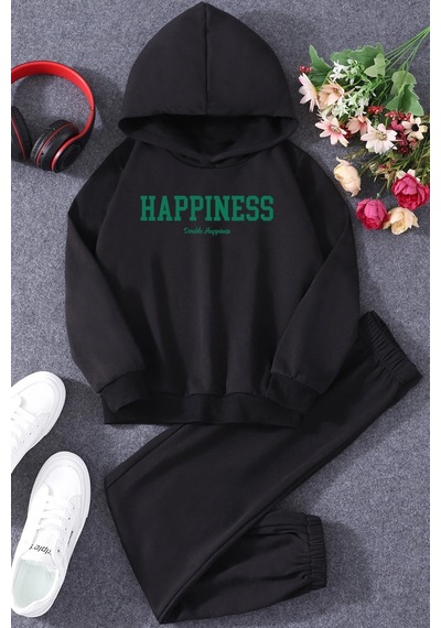 Uyguntarz Çocuk Happiness Baskılı Eşofman Takımı Siyah