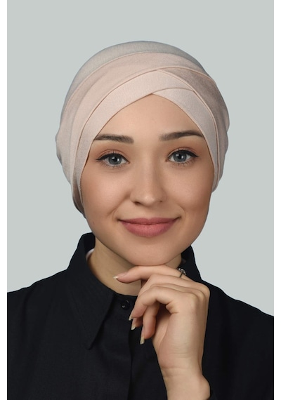 Altobeh Dört Bantlı Çapraz Dış Tesettür Bonesi Hazır Türban Penye - Bej