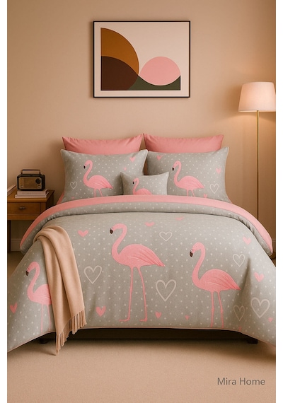 Çift Kişilik Pamuklu Nevresim Takımı Flamingo Love Pembe - Gri