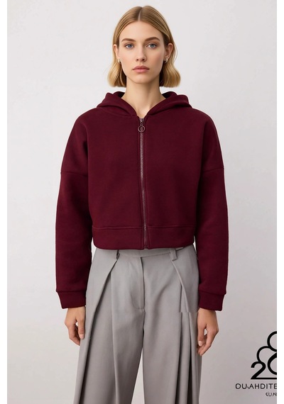 Benerly Kadın Kapüşonlu Fermuarlı Düşük Kol Örme Sweatshirt Fonksiyonel D Bordo