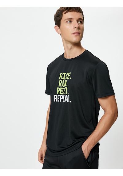 Koton Spor Tişört Slogan Baskılı Reglan Kollu Bisiklet Yaka Siyah 4wam10015nk Siyah