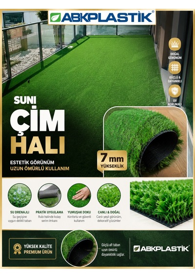 7 Mm Suni Çim Halı Uv Korumalı Balkon Bahçe 200 x 2000