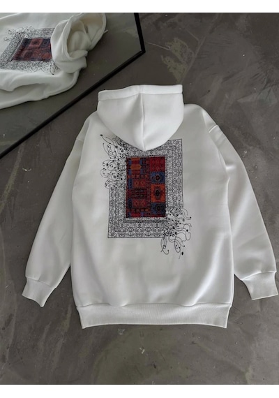 Uzun Kol Kapşonlu Ön Ve Arka Baskılı Sweatshirt - Beyaz Karışık Çok Renkli