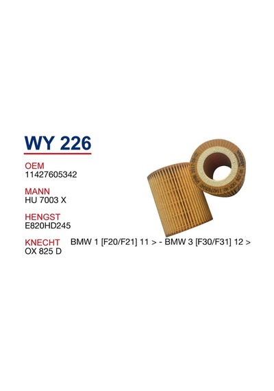 11427605342 BMW F1 F20 F30 Yağ Filtresi WUNDER