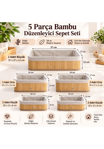 Bambu Düzenleyici Sepet Seti, Kumaş Astarlı, 5'li Set