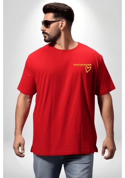 Oyun İçin Hazırım Kalp Kırmızı Oversize Unisex Ön Ve Sırt Baskılı Tişört Kırmızı