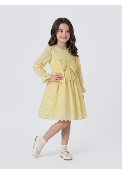 Pina Kids Kız Çocuk Uzun Kollu Önü Kurdelalı Fisto Elbise Sarı