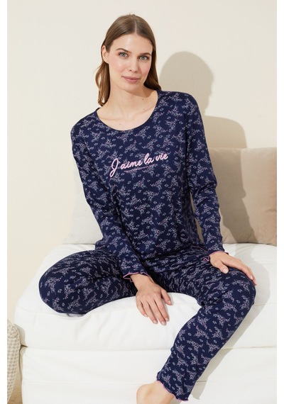 Siyah İnci Pamuklu Örme Pijama Takım 24240127 Lacivert
