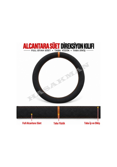 Audi A4 B8 Dikme Direksiyon Kılıfı Full Alcantara Süet Taba Yüzük Ve Taba Dikiş 2012-2015 Siyah