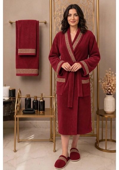 Premium %100 Pamuk Unisex Şalyaka Cepli Bornoz Seti 4 Parça Havlu Terlik Takımı Kırmızı Kırmızı