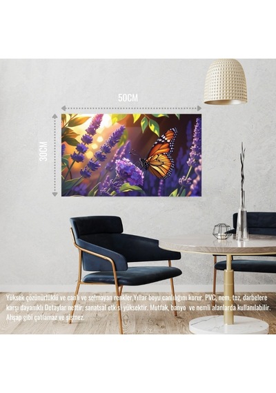Kelebek Parlayan Güneş Işığı Altında Lavanta Çiçeğinin Üzerinde Dinleniyor 07 Çerçevesiz 50x30 Cm Pvc Tablo