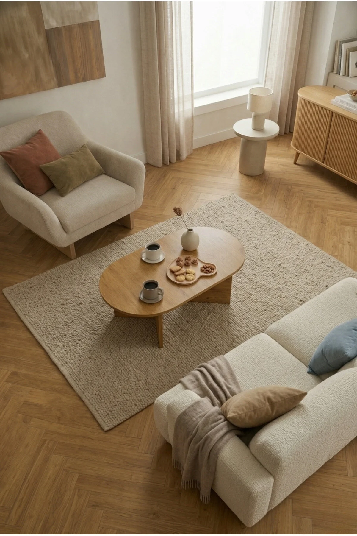Modern Oval Orta Sehpa Minimal Ahşap Salon Sehpası Şık Tasarım Safir Meşe