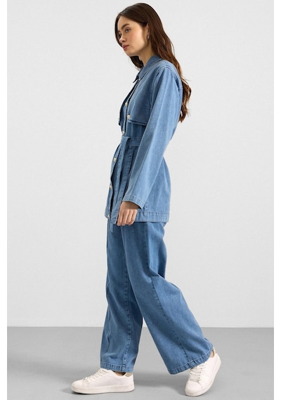 Olcay Pelerin Ve Metal Düğmeli Ceket Pantolon Denim İkili Takım Mavi 9393-tk