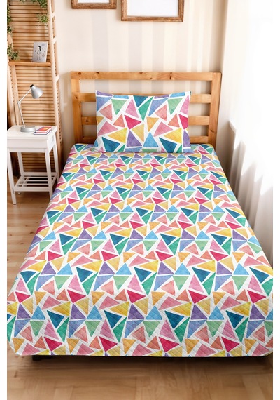 Renkli Geometrik Pastel Genç Odası Tek Kişilik Pike Takımı - Üçgen 160x220 Cm Kapitone Yatak Örtüsü Doğal Saten Kuşağı