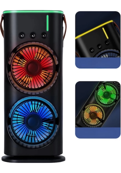 Şarjlı Buharlı Serinletici Fan Rgb Işıklı Çift Pervaneli Masa Fanı