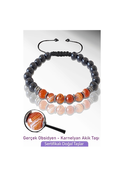 Sertifikalı Doğal Obsidyen - Karnelyan Akik Taşı Bileklik - Ayarl Çok Renkli