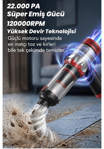 Tr Matt Mcv22 Şarjlı Araç Süpürgesi Kırmızı 22.000pa Güçlü Vakumlu Mini El Süpürgesi Type-c Şarjlı 220m Genel