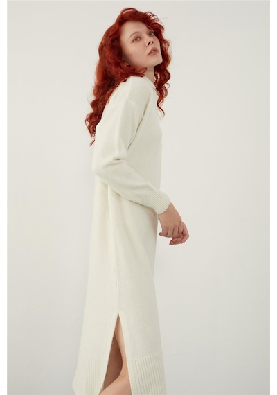 Sherin Ekru Polo Yaka Basic Midi Triko Elbise-ekru