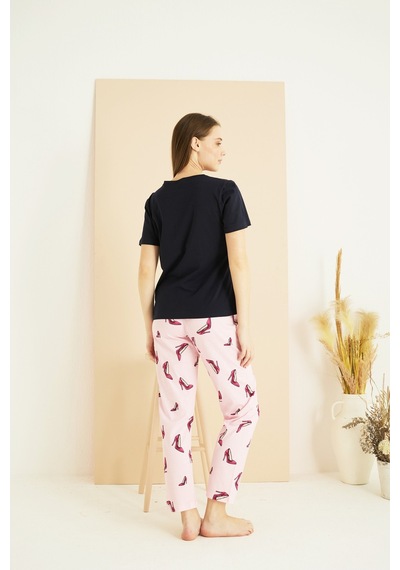 Siyah İnci Pamuklu Bisiklet Yaka Örme Pijama Takım25103264 Lacivert