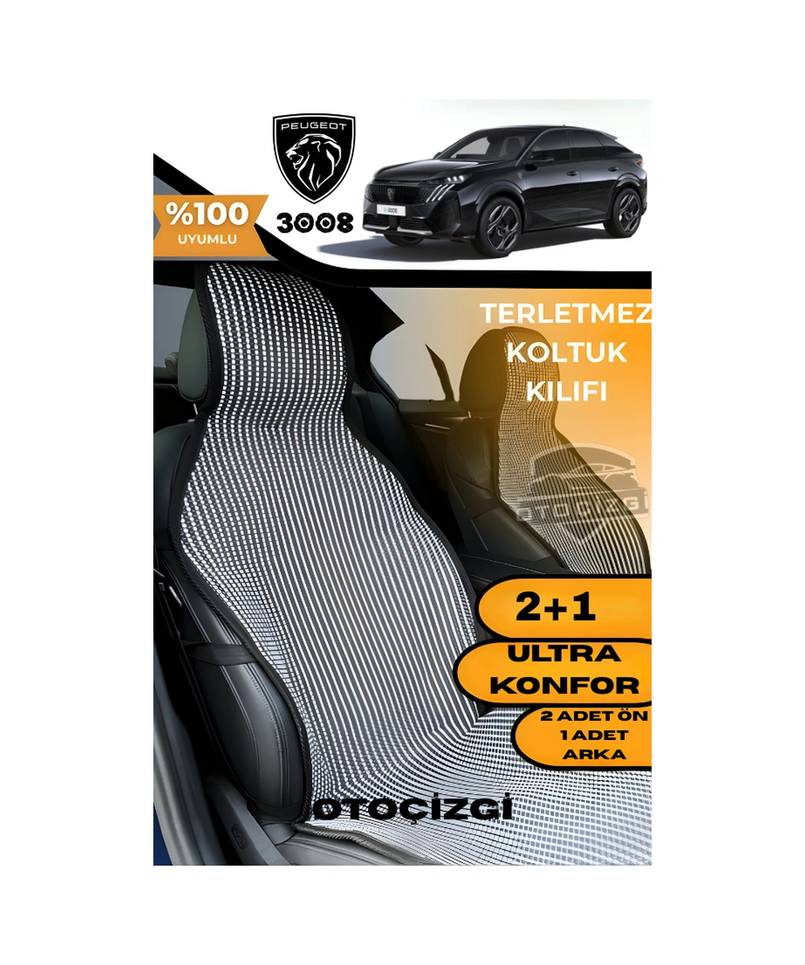Peugeot 3008 Uyumlu Siyah Kilim Tipi Terletmez Koltuk Kılıfı 2+1 Ultra Konfor Seti