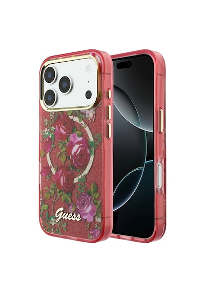 Apple iPhone Uyumlu 18 Pro Kılıf Guess Lisanslı M-safe Şarj Özellikli Gül Desenli Simli Yazı Logolu Kapak Bordo