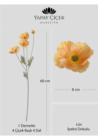 Somon Yapay Gelincik Çiçeği 4 Dallı Lüx İpeksi Dokulu 60 Cm