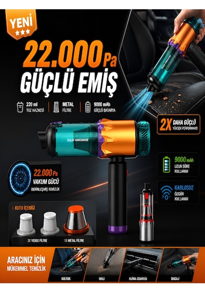22000pa 220w Ultra Güçlü 9000mah Kablosuz Araç İçi Süpürge Metal Filtreli 220ml Şarjlı Mini