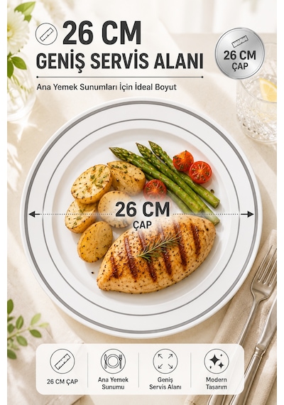 6'lı Gümüş Yaldızlı Plastik Tabak 26 Cm Porselen Görünümlü Kullan At Parti Davet Servis Tabağı