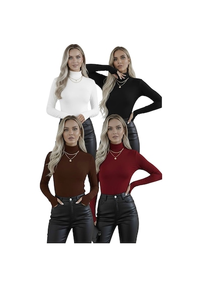 Hashtag Kadın Balıkçı Yaka Parmak Detaylı Body 4'lü Set Viskon Kumaş Bordo - Siyah - Beyaz - Kahve