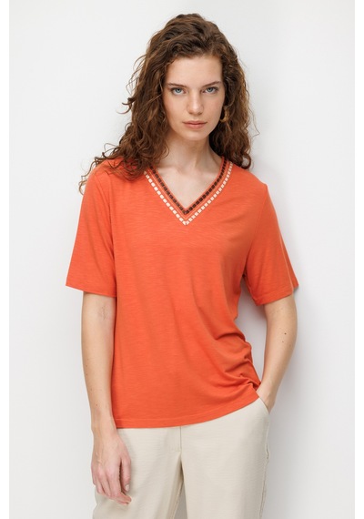Kadın V Yaka Yakası İki Renkli İşlemeli Taşlı Penye T-shirt Oranj Turuncu
