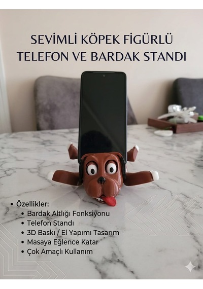 Sevimli Köpek Figürlü 2'si 1 Arada Telefon Standı Ve Bardak Altlığı - 3d Tasarım Kahverengi