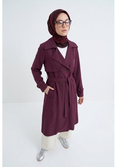 Armine Trend Belden Kuşaklı Aller Detaylı Tencel Kumaş Trençkot Bordo 26ytd714