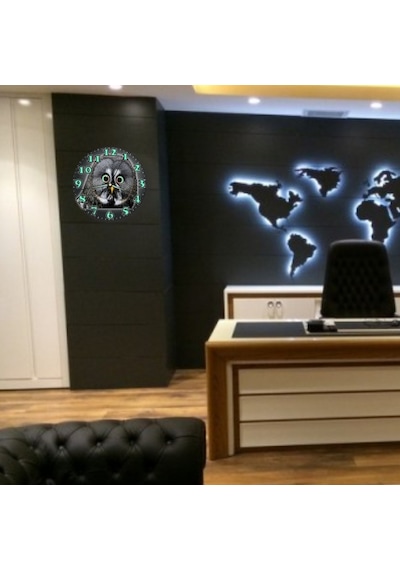 Büyük Dev 35 Cm Baykuşlu Fosforlu Bombe Camlı Sessiz Duvar Saati Çok Renkli